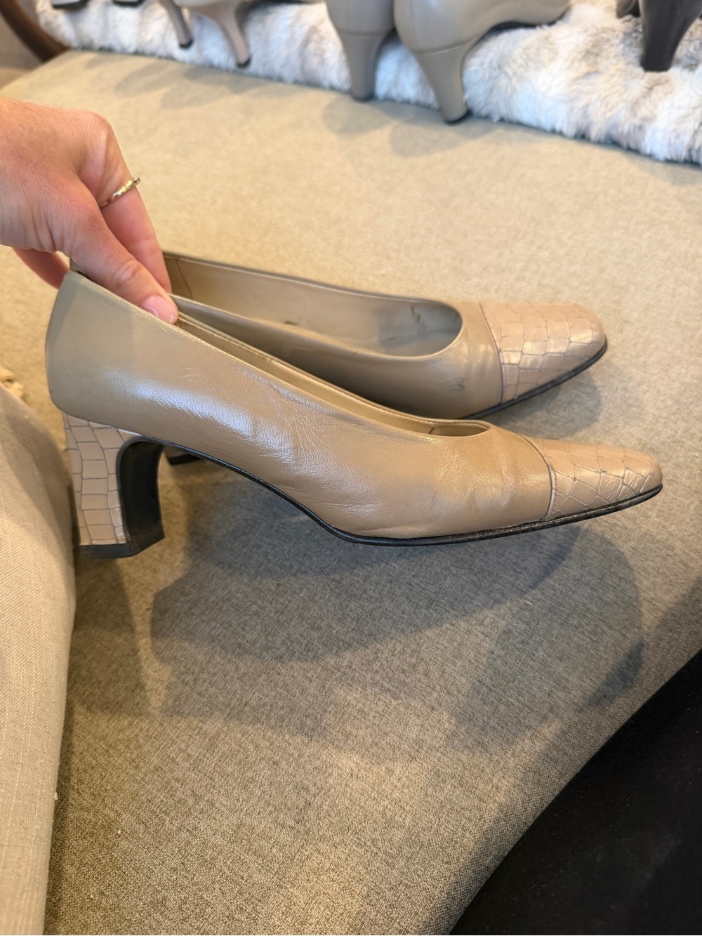 Etienne Aigner Taupe Leather Block Heel Pumps with Croc-Embossed Toe